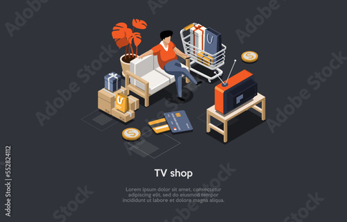Online Shopping, Mobile Marketing and E-commerce Concept. Male Character Man Buying Goods Sitting On Sofa At Home Among Cardboard Boxes, Watching TV Shop Channel. Isometric 3d Vector Illustration