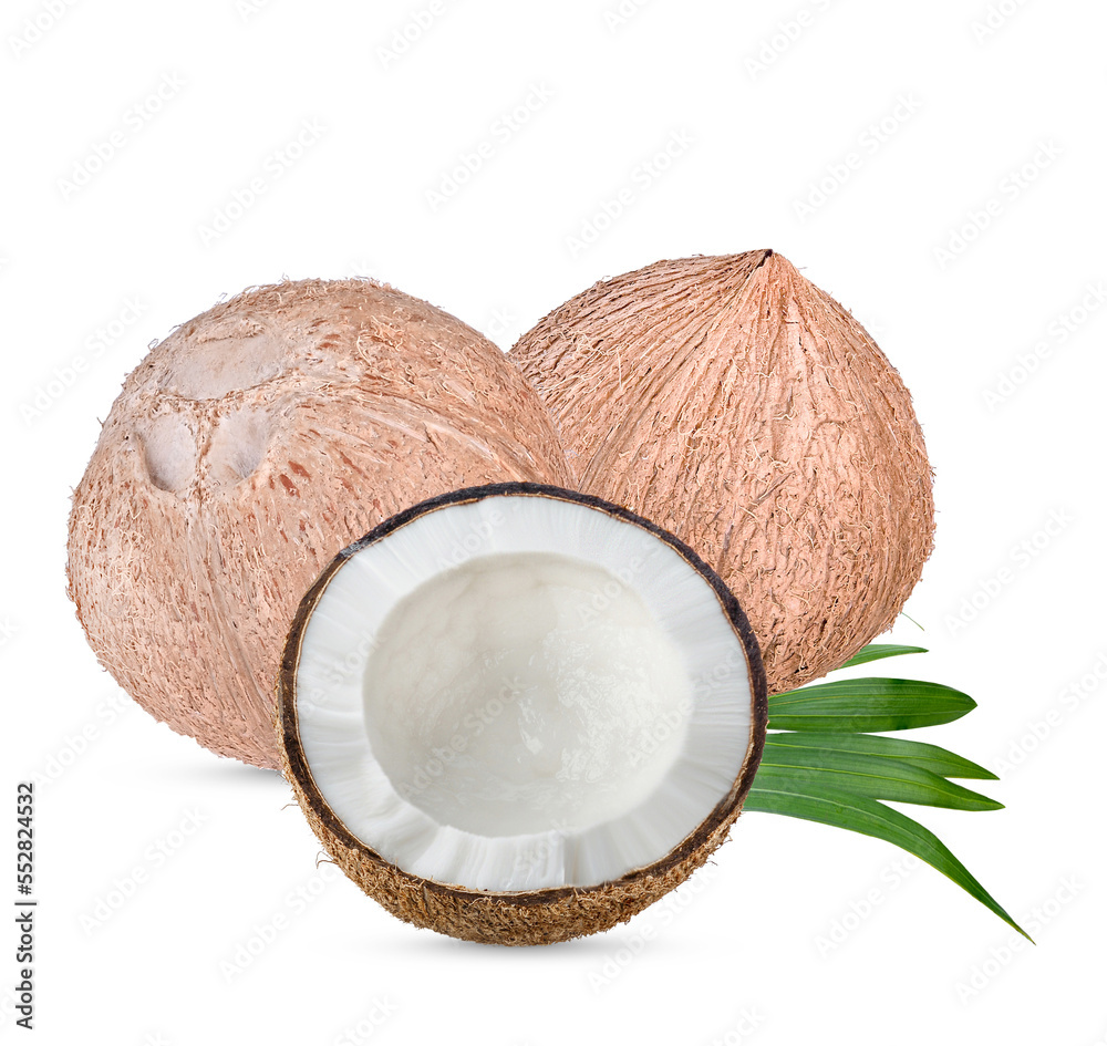 Fresh raw coconut set with palm leaves isolated on transparent. Fresh raw coconut set with palm leaves isolated on transparent.