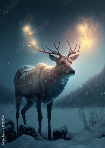 Reindeer standing on  snow and cold fog in christmas night.illustration for greeting card or book cover.generate by ai © Supharat