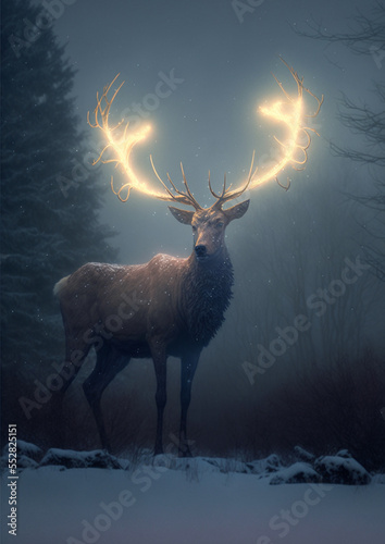 Reindeer standing on snow and cold fog in christmas night.illustration for greeting card or book cover.generate by ai