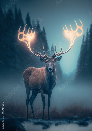 Reindeer standing on  snow and cold fog in christmas night.illustration for greeting card or book cover.generate by ai © Supharat