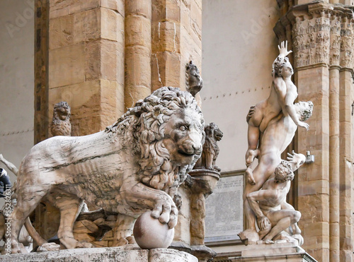 Lion at Loggia dei Lanzi, Piazza della Signoria, Florence, Italy. Renaissance of statue 1600 by Flaminio Vacca.