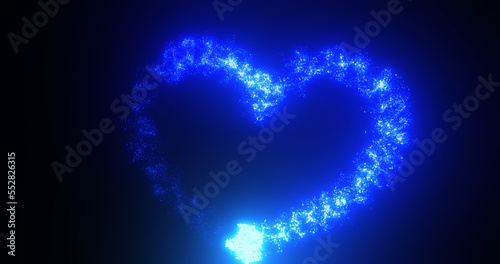 Blue heart love glowing shiny for valentine s day holiday from magic energy lines and particles on black background. Abstract background