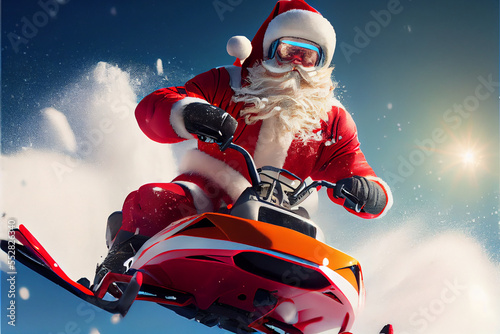 Santa Claus Using Snowmobile to Deliver Presents. Generative ai