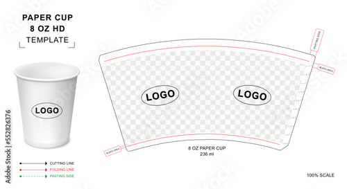 Paper cup die cut template for 8 ounce Hot Drink with 3D blank vector mockup for food packaging