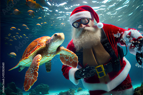 Santa Swimming Underwater with Exotic Sealife. Generative ai