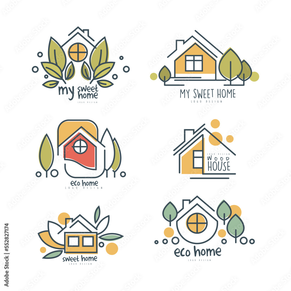 Eco Home or Eco-house Logo Design with Green Leaf Vector Set