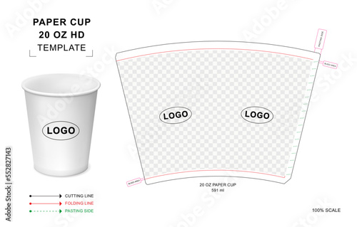 Paper cup die cut template for 20 ounce Hot Drink with 3D blank vector mockup for food packaging	