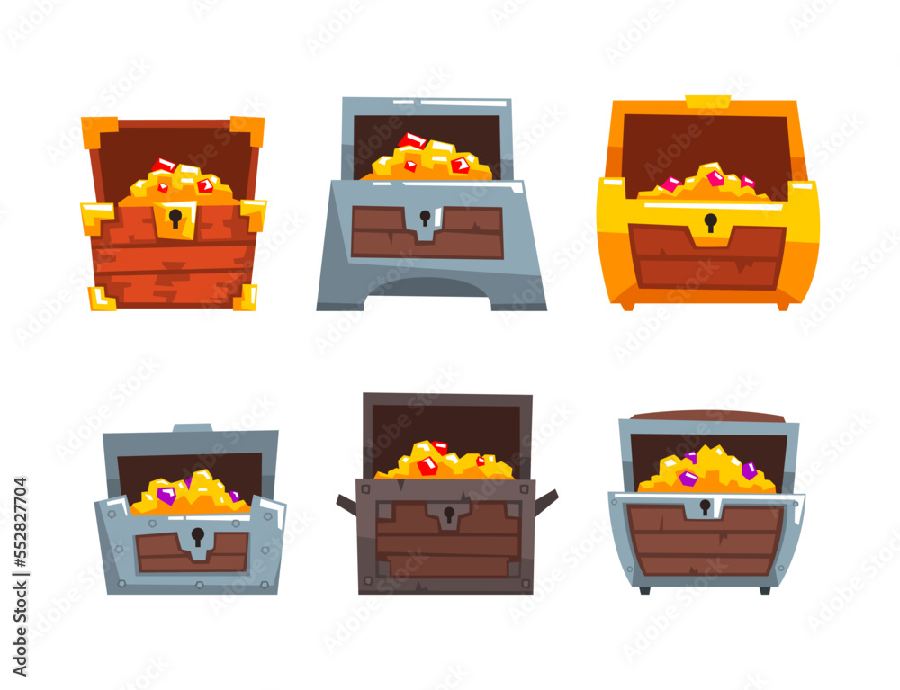 Treasure Chest as Fantasy Pirate Wooden Box with Gold and Jewelry Gems Vector Set Treasure Chest as Fantasy Pirate Wooden Box with Gold and Jewelry Gems Vector Set