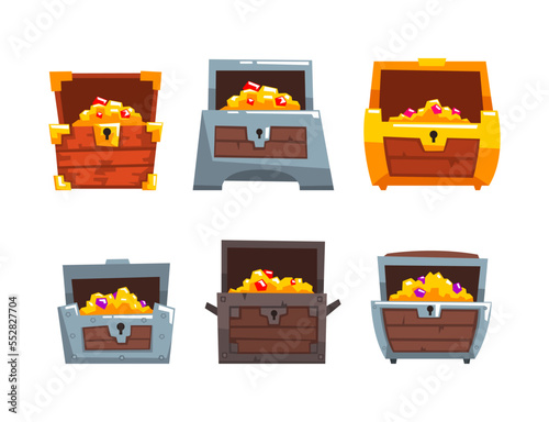Treasure Chest as Fantasy Pirate Wooden Box with Gold and Jewelry Gems Vector Set