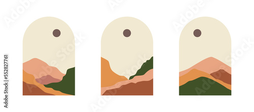 Abstract minimalist posters. Moutain contemporary landscape wall decoration, poster, cover, mountain boho art print. Vector. Art print with abstract mountain and moon