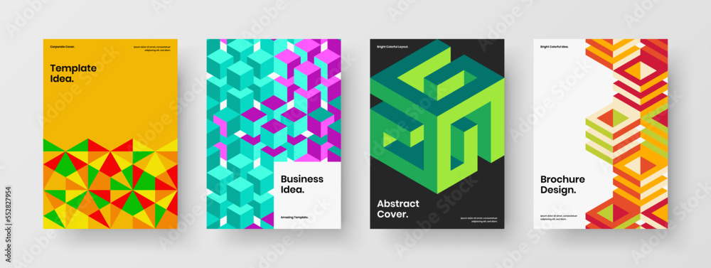 Simple leaflet design vector template bundle. Multicolored geometric pattern company identity concept set.