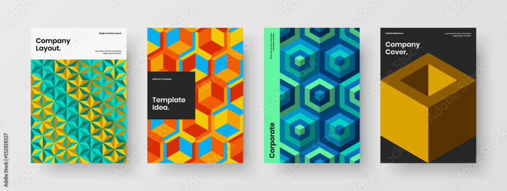 Creative magazine cover vector design illustration set. Colorful mosaic shapes booklet concept collection.