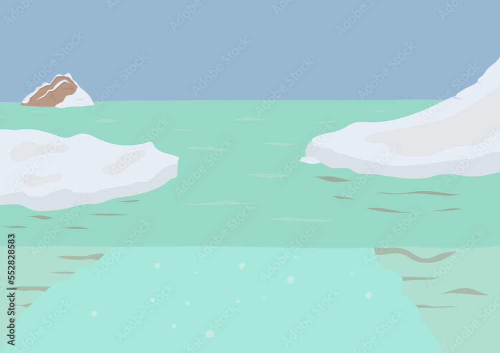 Antarctic landscape vector illustration. Cartoon frost nature scenery of North with iceberg and sea.