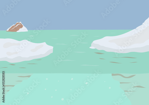 Antarctic landscape vector illustration. Cartoon frost nature scenery of North with iceberg and sea.