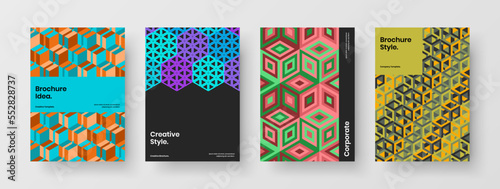 Vivid handbill vector design illustration collection. Modern mosaic hexagons catalog cover template set.