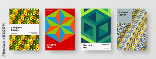 Trendy mosaic hexagons leaflet layout bundle. Creative pamphlet A4 vector design illustration composition.