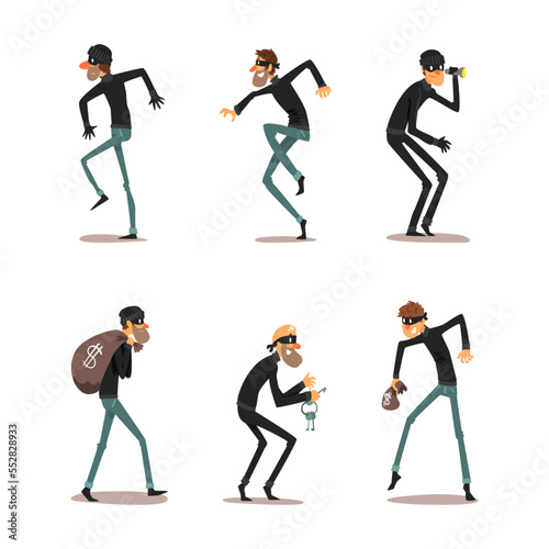 Man Robber Characters or Thief Dressed in Black Clothing and Mask Committing Crime Vector Set