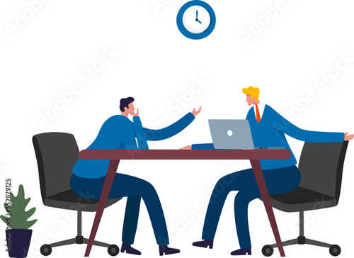 Sharing business ideas. Business meeting of two male office workers. Illustration