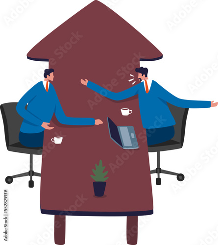 Growth strategy, career path development. Two businessman at arrow table. Illustration
