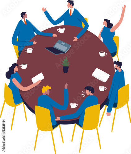 Uninterested team sitting around table in a meeting. People around a table. Illustration