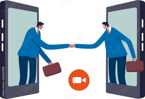 Business handshake. communication Business agreement. two businessman handshake on connected screens. Illustration