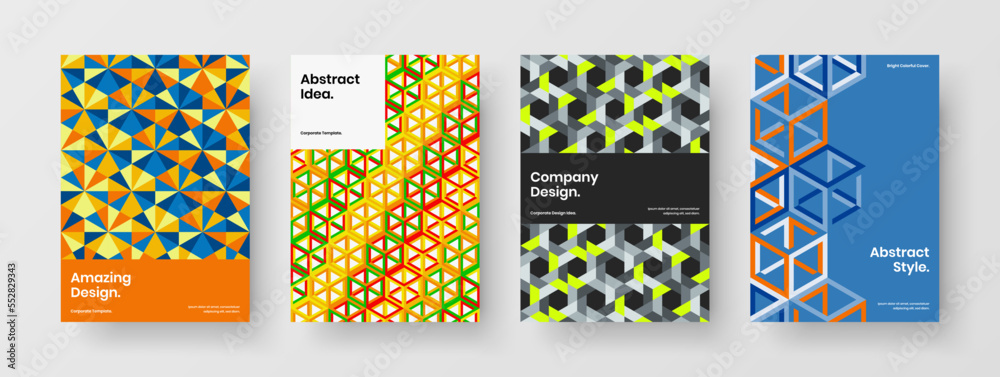 Vivid corporate brochure A4 vector design layout collection. Multicolored geometric hexagons magazine cover template set.