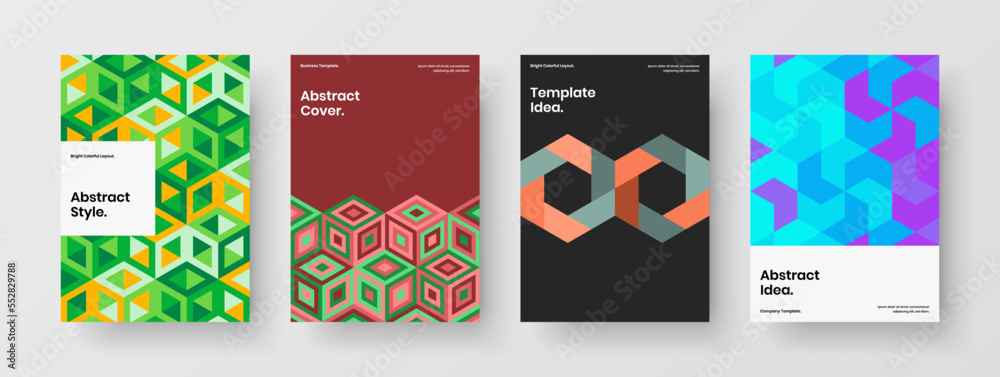 Isolated geometric tiles brochure layout set. Vivid postcard A4 design vector illustration composition.