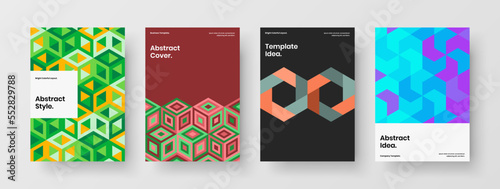 Isolated geometric tiles brochure layout set. Vivid postcard A4 design vector illustration composition.