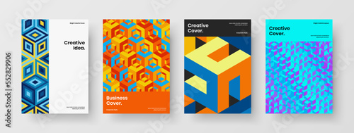 Clean mosaic hexagons handbill concept bundle. Unique cover design vector layout collection.