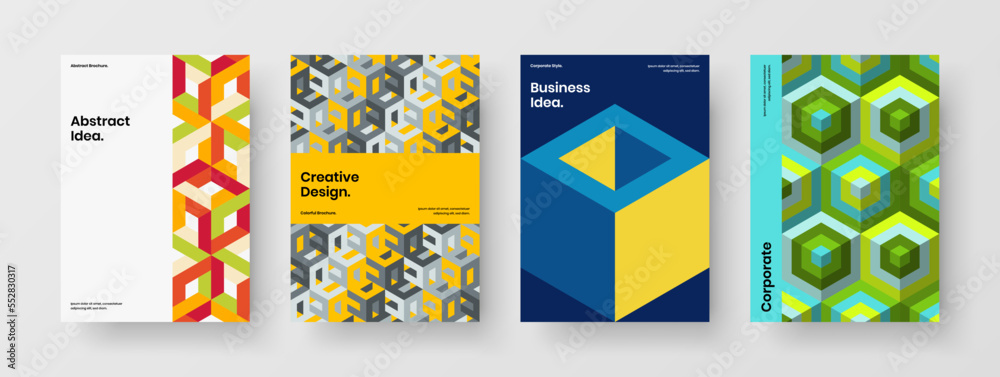 Isolated geometric hexagons company brochure concept bundle. Vivid placard A4 vector design template collection.