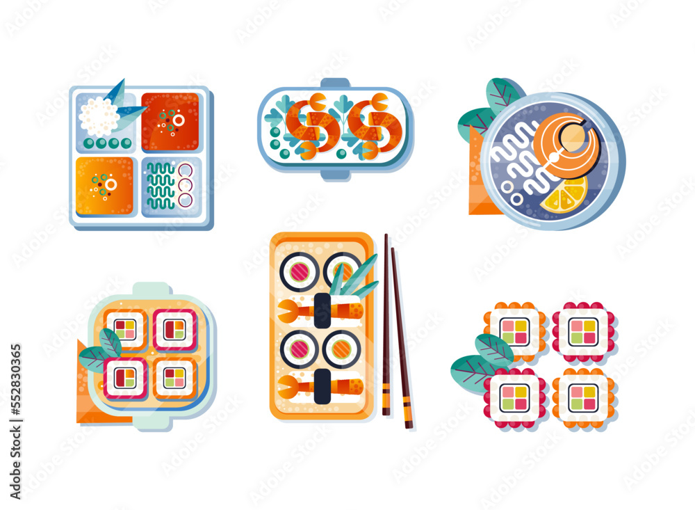 Asian Cuisine Dish with Sushi Roll, Shrimps and Salmon Steak on Plate Flat Icon Vector Set Asian Cuisine Dish with Sushi Roll, Shrimps and Salmon Steak on Plate Flat Icon Vector Set