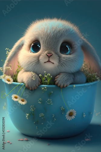 cartoon of a shy bunny in a mug 