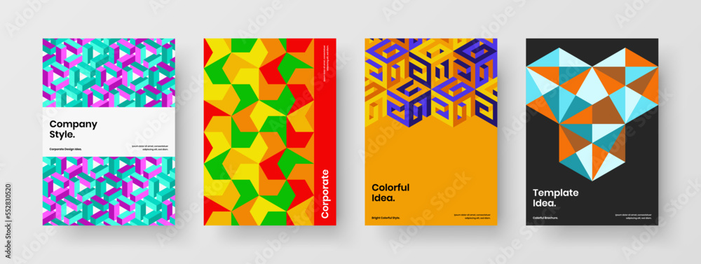 Bright mosaic hexagons placard template set. Minimalistic magazine cover A4 design vector concept composition.