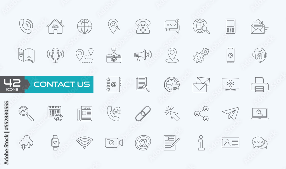 Contact us thin lines Flat Icon Solid style, isolated Basic Communication icon set, easy to change colour and size, Contact information Icon in Vector Format , all are 42 icons