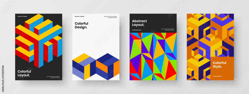 Abstract presentation A4 design vector concept collection. Creative mosaic hexagons company cover layout set.