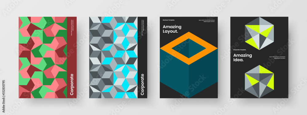 Original geometric hexagons annual report layout collection. Creative corporate identity A4 design vector template set.