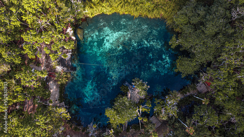 Cenote paradise’s heart in the middle of the nature in Tulum, Mexico. Romantic concept in the middle of the nature. Clear water so you can see the depth. Empty cenote , no a single person on it.