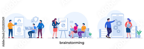 brainstorming startup, collaboration, presentation business, discussion & communication flat illustration vector template