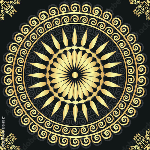 Vintage dark patten with gold mandala, seamless pattern, vector
