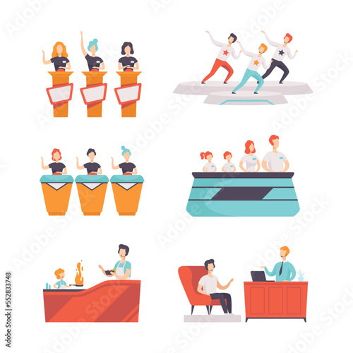 Tv Show and Television Program with People Participating Quiz Game and Interview Vector Set