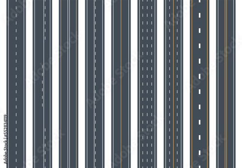 Asphalt roads, city street highway road. Markings roads, horizontal street roadway flat vector illustration set on white background. Highways street roads