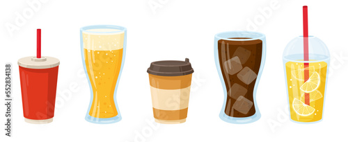 Cartoon drinks. Soft drinks, coffee, foamy beer, lemonade, soda pop and orange juice, tasty beverages flat vector illustration on white background