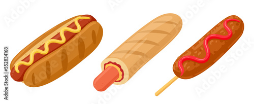 Cartoon hot dogs. Delicious hot dog and corn dog with cheese and sauce, tasty fast food dish flat vector illustration on white background
