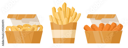 Cartoon junk fast food. French fries, crispy nuggets and fried onion rings, takeaway restaurant food flat vector illustration set. Tasty junk snacks