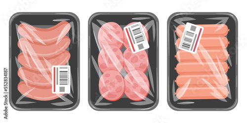 Cartoon meat sausages on plastic tray. Packed with vacuum plastic packaging meat semi-finished and sausages flat vector illustration on white background