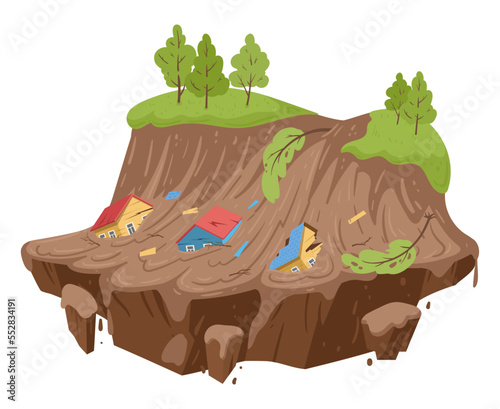 Cartoon mudflow, natural disaster. Landslide, mud stream with stones, washed away houses, mudflows extreme cataclysm disaster flat vector illustration on white background