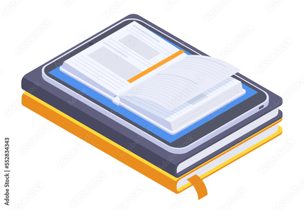 Isometric online library. Mobile library app, distance education or entertainment 3d flat vector illustration on white background