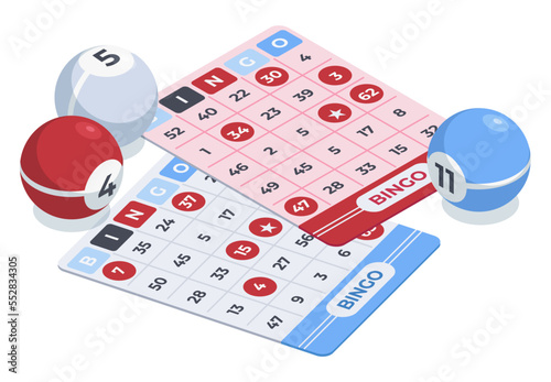 Isometric bingo game. Gambling 3d balls and lottery tickets, lottery lucky numbers flat vector background illustration. Bingo lotto game poster