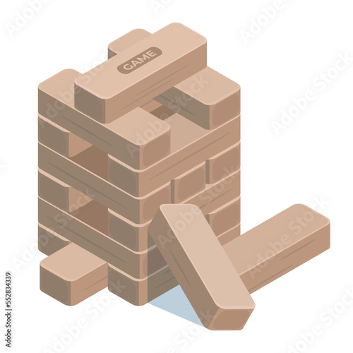 Isometric jenga game. Wooden bricks, 3d puzzle cubes tower, family and friends leisure game vector illustration on white background